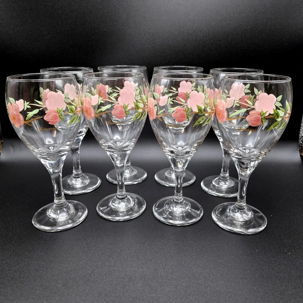 Franciscan Desert Rose Wine Goblets Set of 8 Pink Floral Stemmed Water Glasses